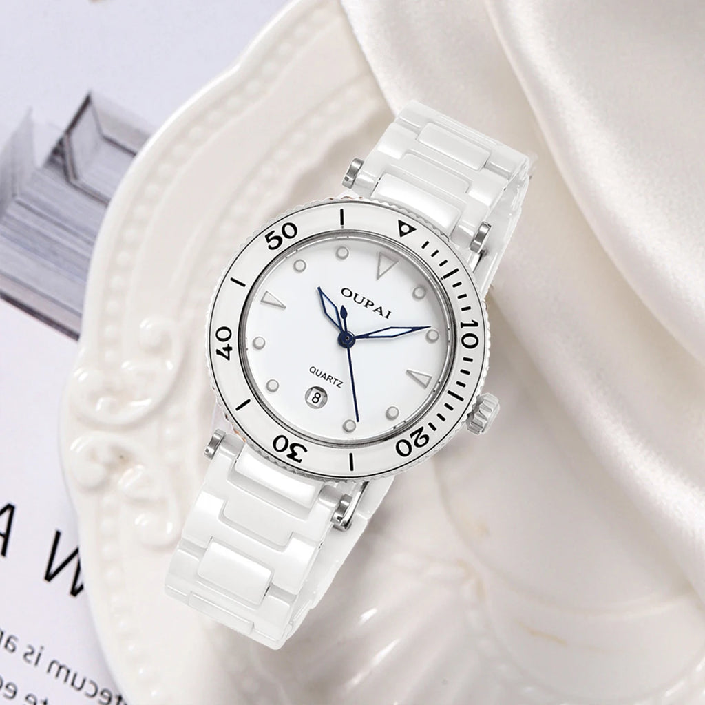 OUPAI White Ceramic Women's Watch Round Dial Luminous Small and Exquisite Waterproof Calendar Fashion and Casual