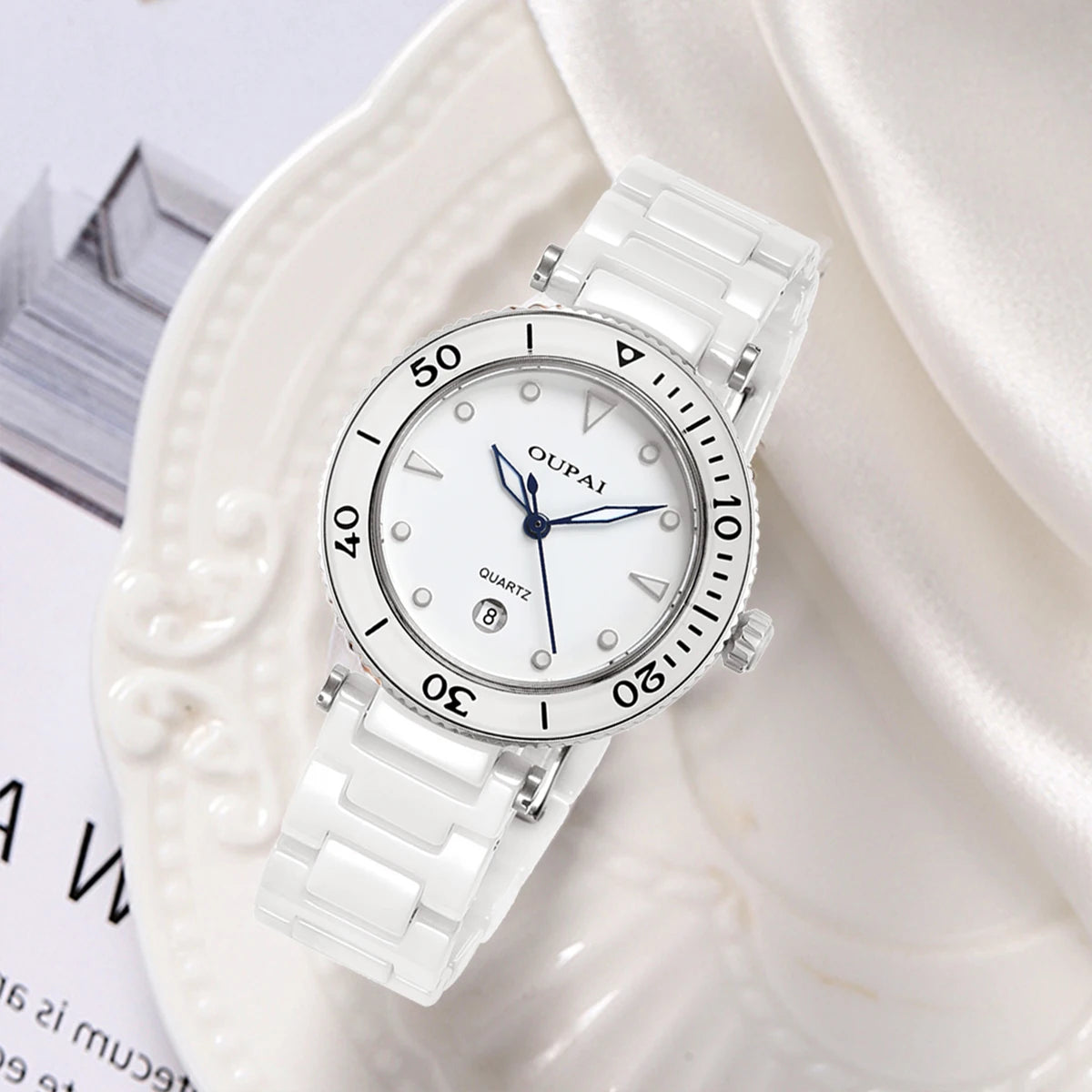 OUPAI White Ceramic Women's Watch Round Dial Luminous Small and Exquisite Waterproof Calendar Fashion and Casual