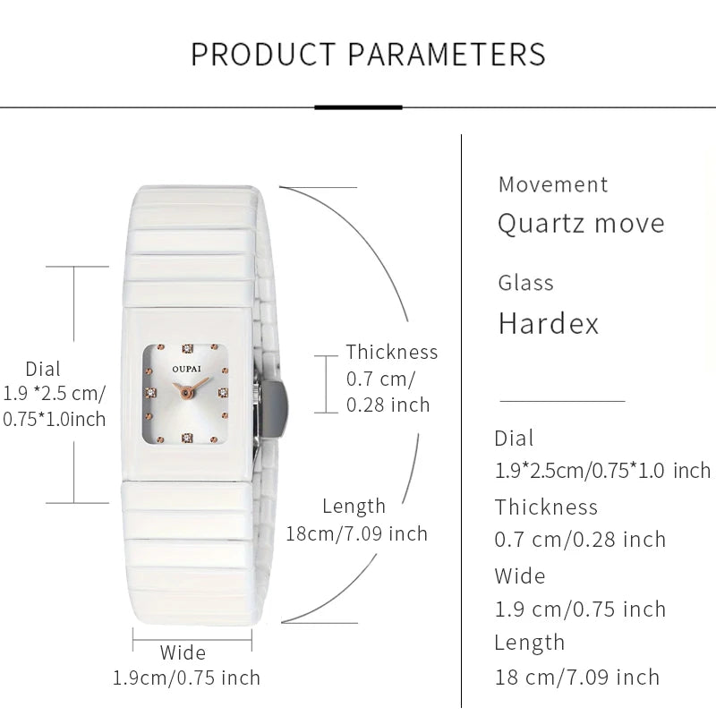 Oupai Square Ladies Watch, Rectangular Dial, white Ceramic Watch, Women's Quartz Movement, Bracelet  Compact,