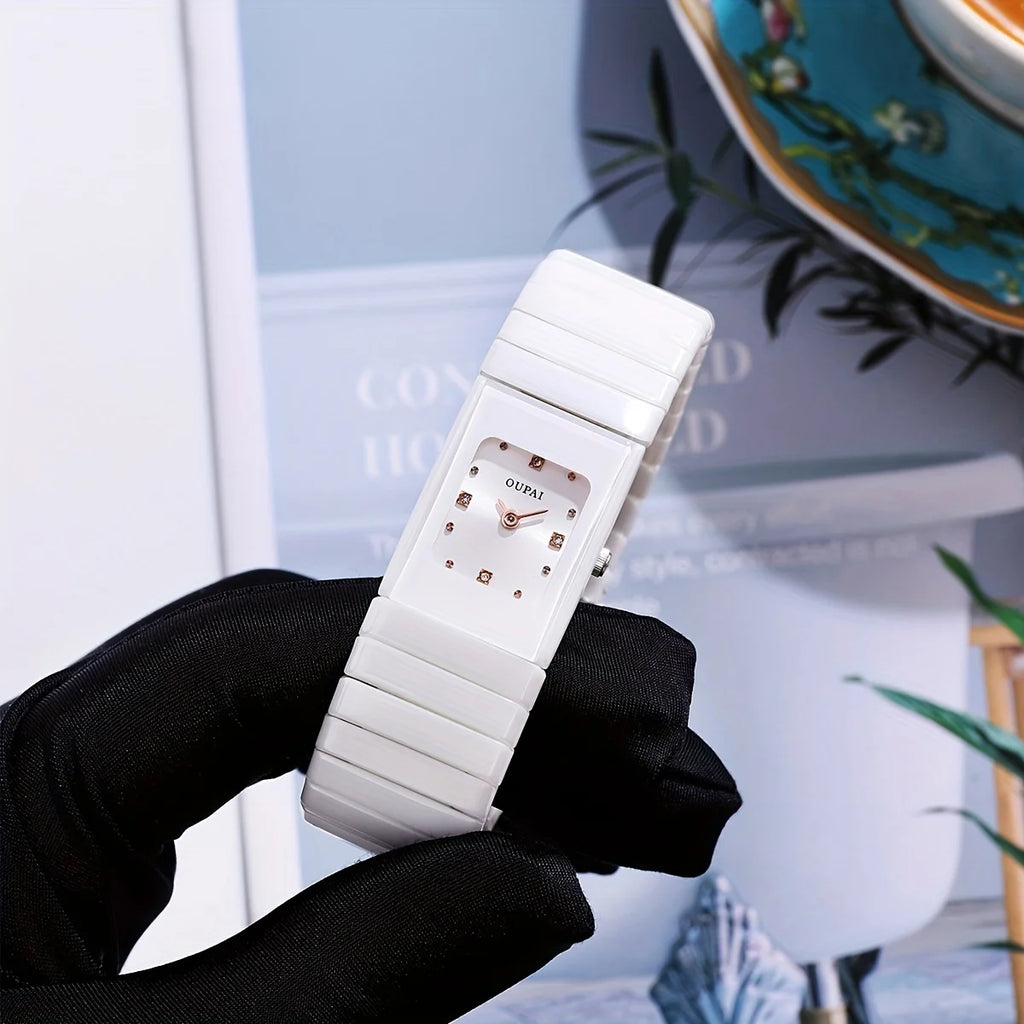 Oupai Square Ladies Watch, Rectangular Dial, white Ceramic Watch, Women's Quartz Movement, Bracelet  Compact,