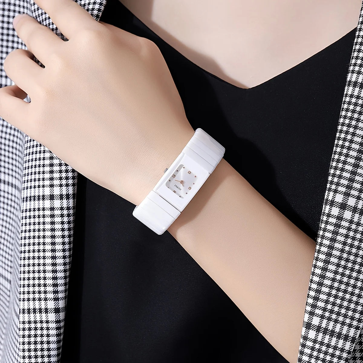 Oupai Square Ladies Watch, Rectangular Dial, white Ceramic Watch, Women's Quartz Movement, Bracelet  Compact,